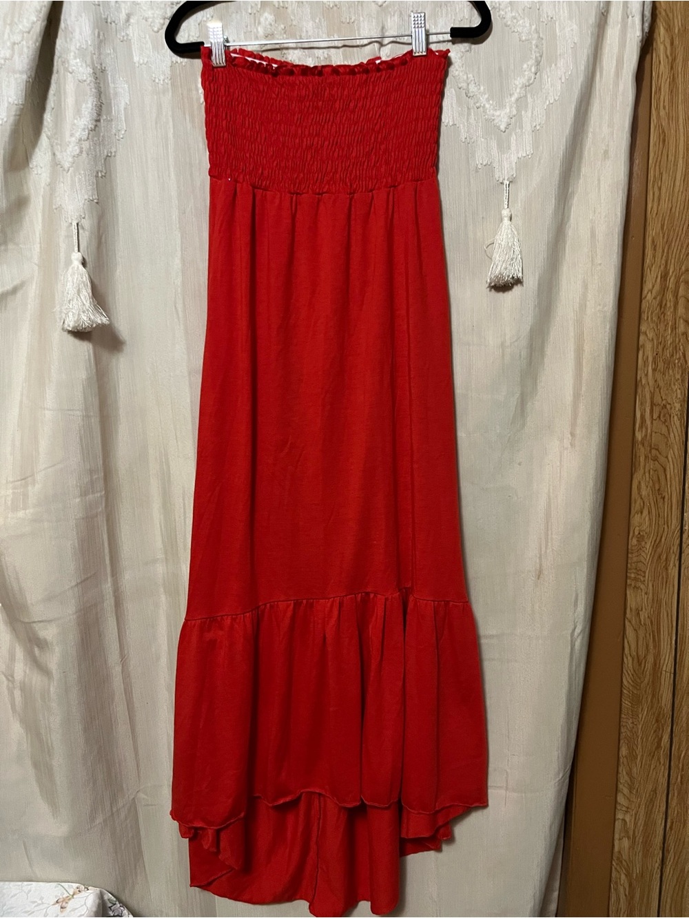Strapless Smocked Tiered Maxi Dress in Red
